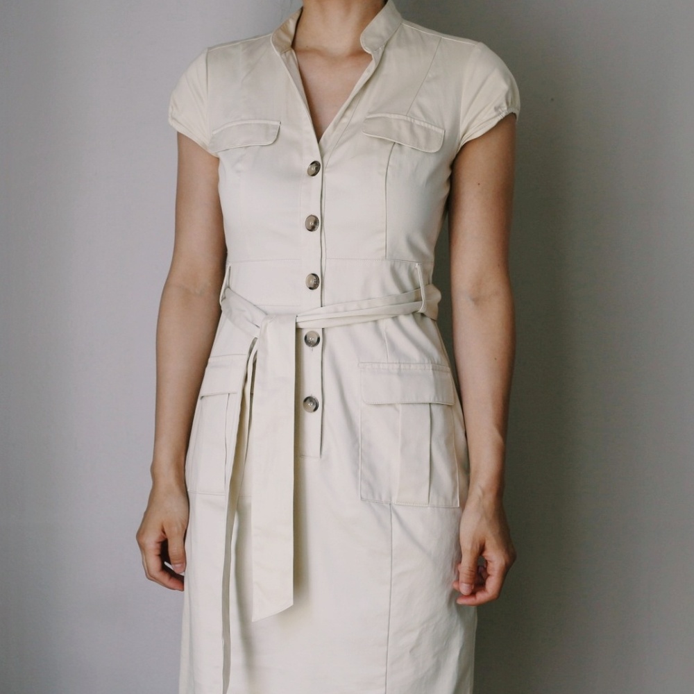 Light Beige Belted Safari/Cargo Dress
